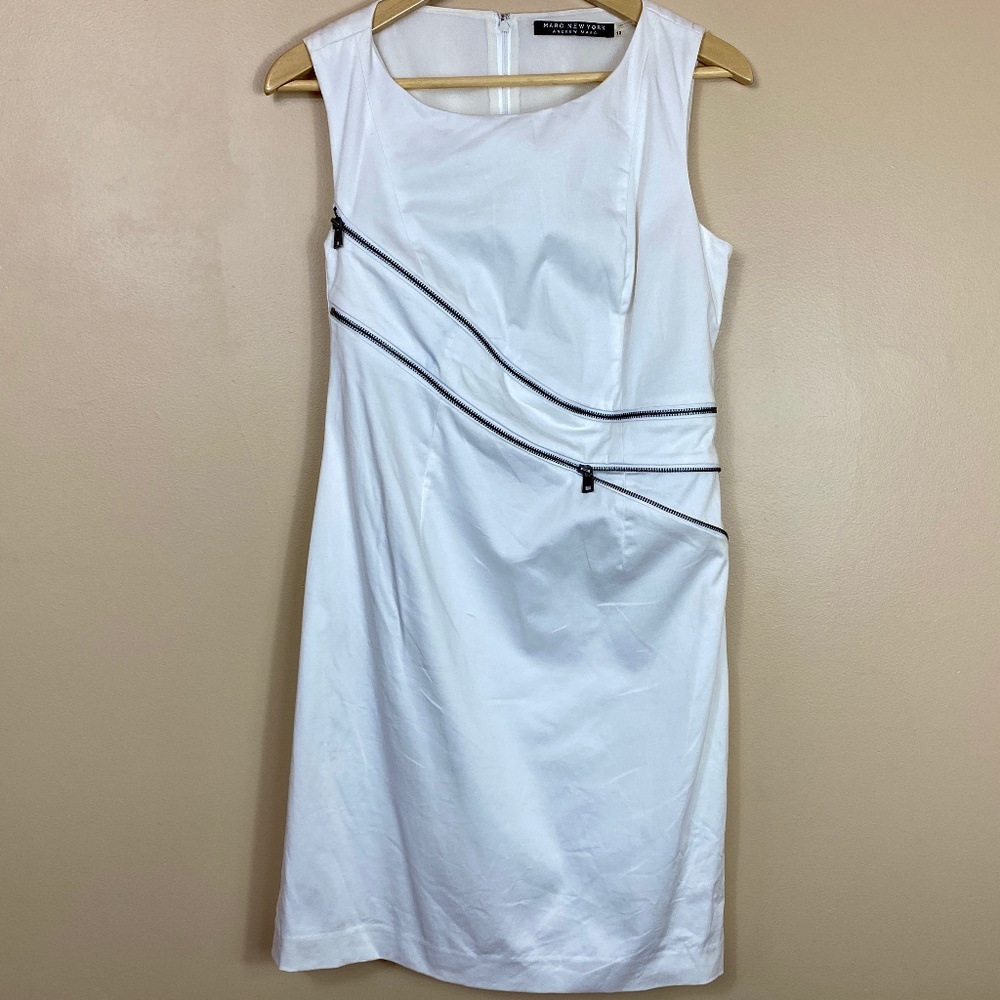 White Andrew Marc Sheath Dress w/Zippers sz sz 10